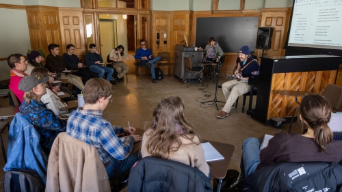 Lucas Filippone '26 performs a song in César Alvarez's Songwriting 1 class.