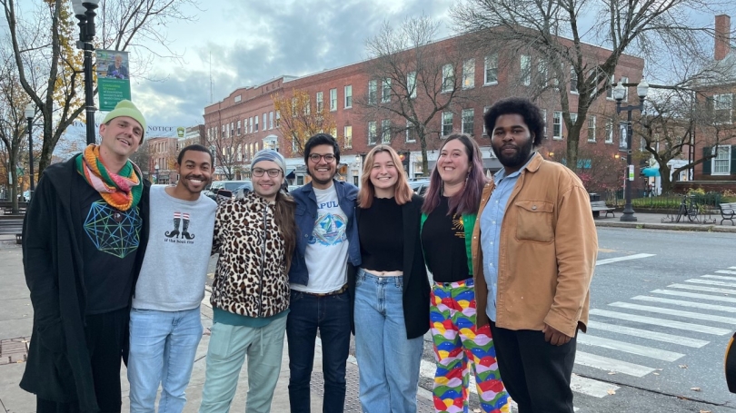 Some of the DigiMus '23 cohort, including Prof. Cesar Alvarez, spending time  in downtown Hanover.